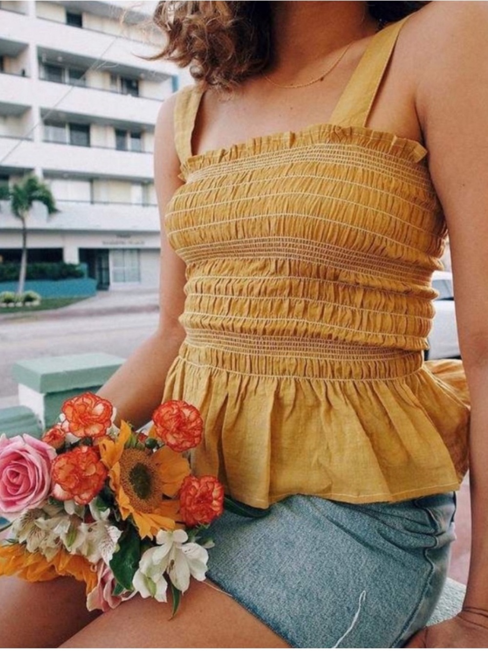 Urban Outfitters Mustard Smocked Peplum Tank 100% cotton FLAWED see photos Large